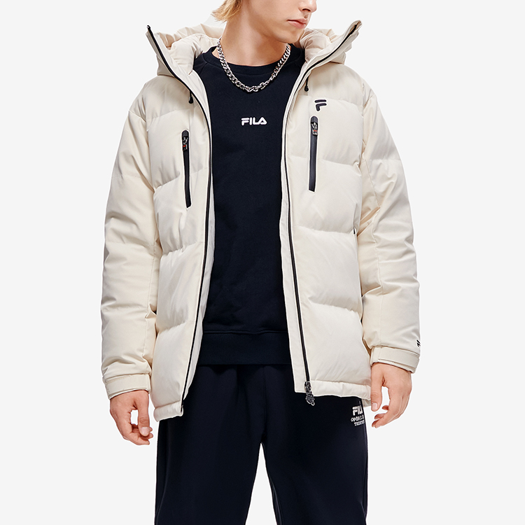 Purchase FILA FUSION  Long Hooded Down Jacket Beige - Logo Patch Winter Coat. T11M245911F-BG