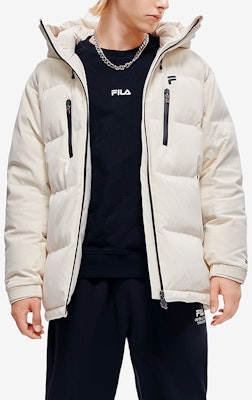 FILA FUSION Long Hooded Down Jacket Beige - Logo Patch Winter Coat. T11M245911F-BG Purchase FILA FUSION Long Hooded Down Jacket Beige - Logo Patch Winter Coat. T11M245911F-BG