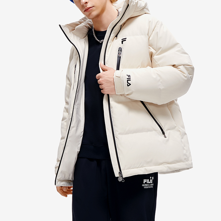 Details for FILA FUSION  Long Hooded Down Jacket Beige - Logo Patch Winter Coat. T11M245911F-BG