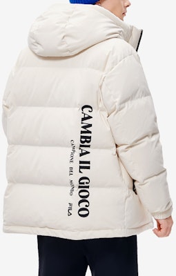 FILA FUSION Long Hooded Down Jacket Beige - Logo Patch Winter Coat. T11M245911F-BG Sizing FILA FUSION Long Hooded Down Jacket Beige - Logo Patch Winter Coat. T11M245911F-BG