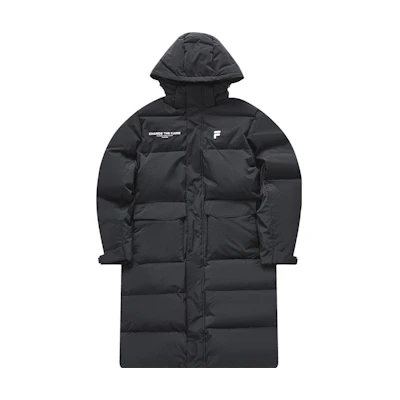 FILA FUSION Long Hooded Down Jacket Black - Fashion Casual Style. T11M341910F-BK
