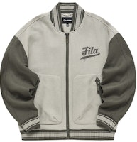 FILA FUSION Loose Fit Striped Baseball Jacket in Khaki Gray. T11M242702F-GY FILA FUSION Loose Fit Striped Baseball Jacket in Khaki Gray. T11M242702F-GY