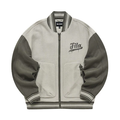 FILA FUSION Loose Fit Striped Baseball Jacket in Khaki Gray. T11M242702F-GY