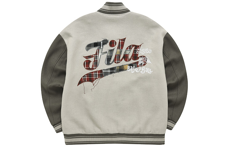 Lookbook FILA FUSION ルーズフィット ストライプ ベースボールジャケット カーキグレー T11M242702F-GY