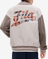 휠라 퓨전 루즈핏 스트라이프 베이스볼 자켓 카키 그레이. T11M242702F-GY Purchase 휠라 퓨전 루즈핏 스트라이프 베이스볼 자켓 카키 그레이. T11M242702F-GY