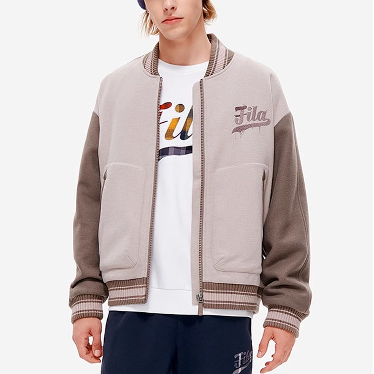 Details for FILA FUSION ルーズフィット ストライプ ベースボールジャケット カーキグレー T11M242702F-GY