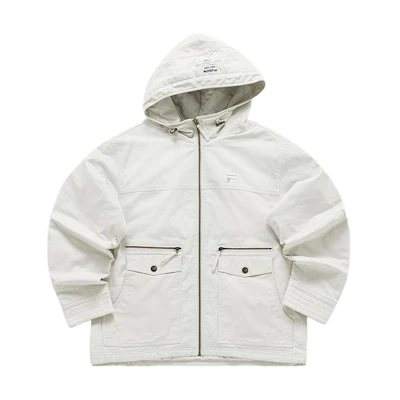 FILA FUSION Retro Hooded Workwear Jacket Gray Wheat Color Cotton Coat T11M413904F-BG