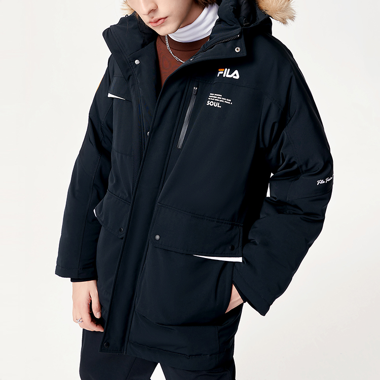 Shop FILA FUSION  Winter Black Hooded Down Parka Jacket with Multiple Pockets. T11M145908F-BK