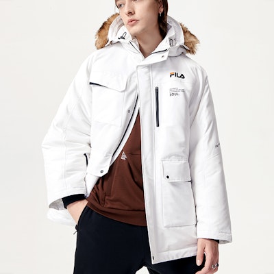 FILA FUSION Winter Long Parka Jacket with Multi-Pockets and White Down. T11M145908F-WT Shop FILA FUSION Winter Long Parka Jacket with Multi-Pockets and White Down. T11M145908F-WT
