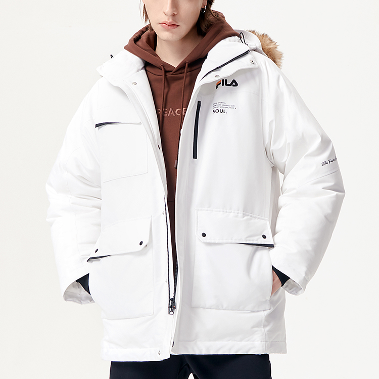 Sizing FILA FUSION 冬用ロングパーカージャケット マルチポケット付き ホワイトダウン T11M145908F-WT