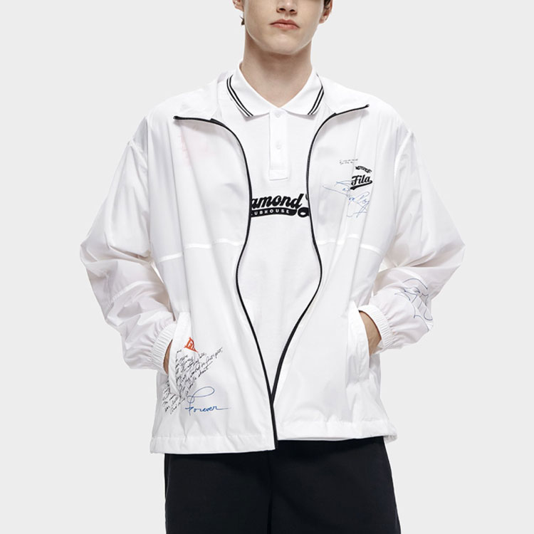 Shop FILA FUSION Jaket Baseball Seri Putih Loose Fit dengan Cetak Huruf T11M322702F-WT