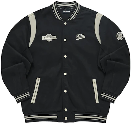 FILA FUSION Black Colorblock Logo Print Loose Fit Baseball Jacket T11M332704F-BK Order FILA FUSION Black Colorblock Logo Print Loose Fit Baseball Jacket T11M332704F-BK