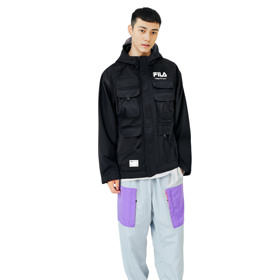 Shop FILA Fusion 黑色户外多口袋设计logo连帽夹克 T11M311712F-BK