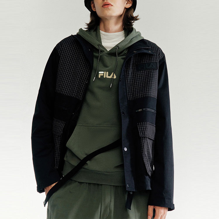 Shop FILA FUSION 黑色格纹立领休闲夹克 T11M043703F-BK