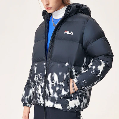 FILA Fusion黑色印花羽绒夹克篮球风休闲外套. T11M145902F-BK Details for FILA Fusion黑色印花羽绒夹克篮球风休闲外套. T11M145902F-BK