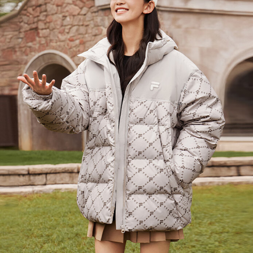 Shop FILA FUSION FOB Casual Loose Fit Hooded Down Jacket Beige Unisex T11U443904F-LK