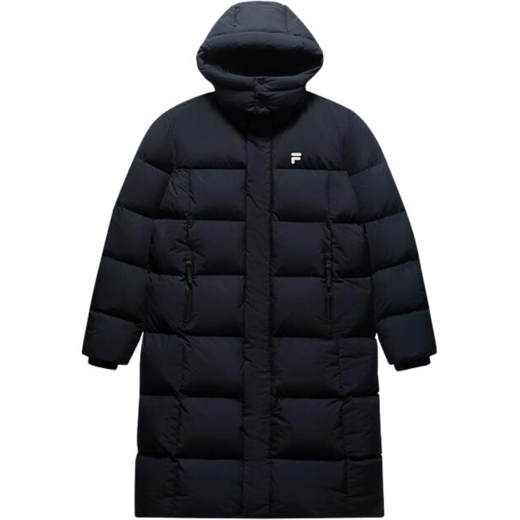 FILA FUSION FOB Series Black Long Hooded Down Jacket - Comfort & Warmth. T11U443907F-BK