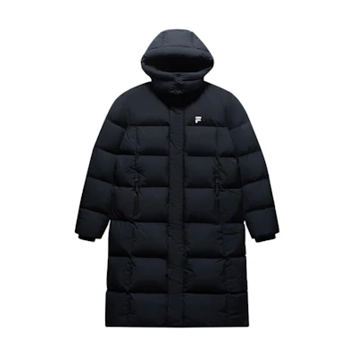 FILA FUSION FOB Series Black Long Hooded Down Jacket - Comfort & Warmth. T11U443907F-BK