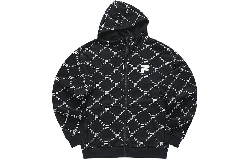 FILA Fusion FOB Series Monogram Zip Hoodie Black Unisex Casual Sweatshirt T11U413502F-BK