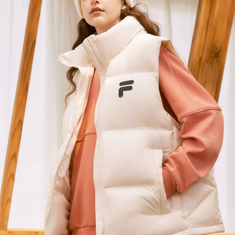 Shop FILA FUSION FOB Series Unisex Sleeveless Down Vest Beige with Zipper Stand Collar T11U343906F-BG