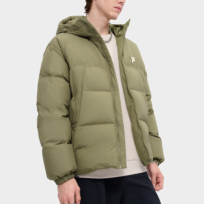 Shop FILA FUSION Hooded Puffer Jacket Green - Casual, Windproof, Warm Winter Wear. T11U443905F-KK