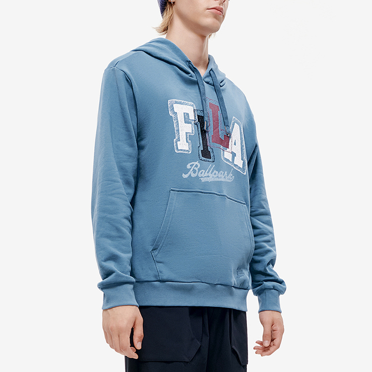 Shop FILA FUSION 藍色簡約字母Logo針織連帽衫 T11M242206FDB