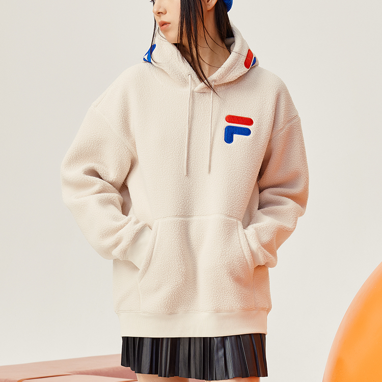 FILA FUSION Logo Print Fleece Pullover Hoodie Unisex Off-White T11U146201FIV 圖 4
