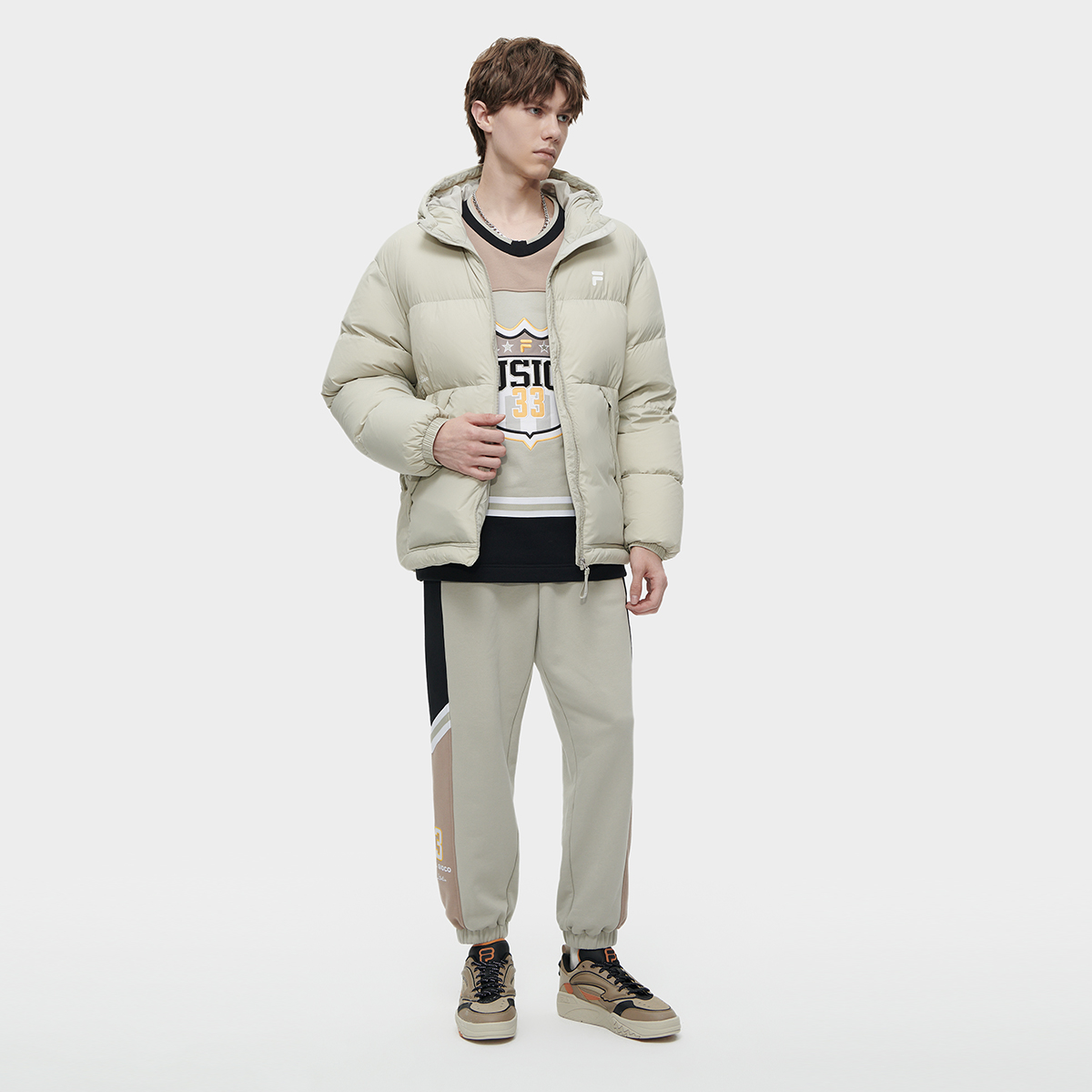 Sizing 휠라 퓨전 RDS 시빅 그레이 다운 자켓 후디 - 스타일리시 & 따뜻함. T11M345909F-GY