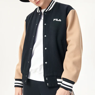 FILA FUSION 复古拼色宽松棒球夹克 - 深黑色. T11M142501FBK Shop FILA FUSION 复古拼色宽松棒球夹克 - 深黑色. T11M142501FBK