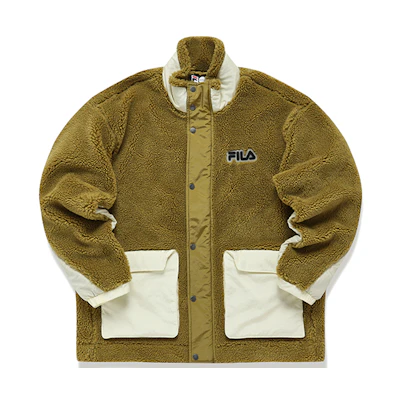 FILA FUSION Teddy Fleece Logo Jacket in Camel Brown. T11M146501F-BN