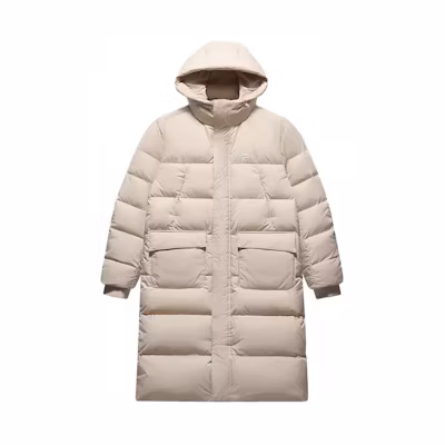 FILA Fusion Unisex Long Hooded Down Jacket Windproof Warm Beige Casual Style. T11U443903F-LK
