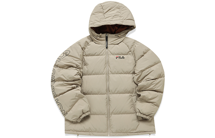 FILA FUSION Unisex Loose Fit Letter Logo Hooded Down Jacket Beige Winter Wear. T11U141906FBG