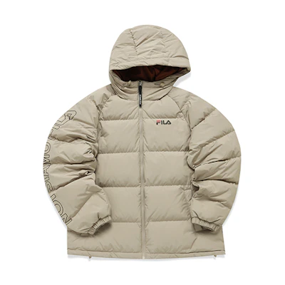 FILA FUSION Unisex Loose Fit Letter Logo Hooded Down Jacket Beige Winter Wear. T11U141906FBG
