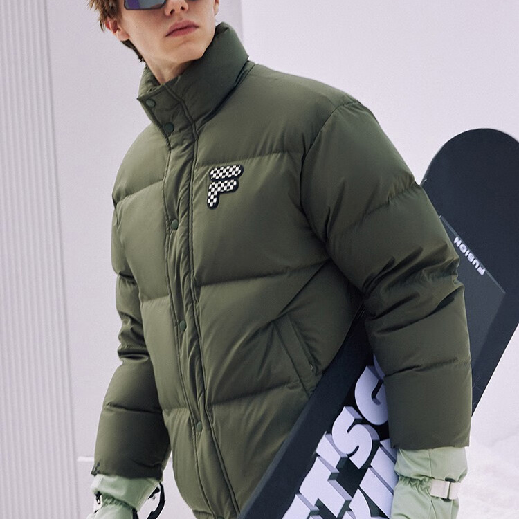 Details for FILA Fusion Unisex Puffer Jacket Solid Logo High Neck Warm Down - Sangno Green. T11U343904F-GN