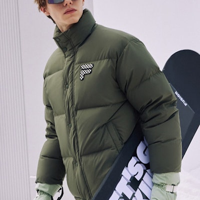 FILA Fusion Unisex Puffer Jacket Solid Logo High Neck Warm Down - Sangno Green. T11U343904F-GN Details for FILA Fusion Unisex Puffer Jacket Solid Logo High Neck Warm Down - Sangno Green. T11U343904F-GN