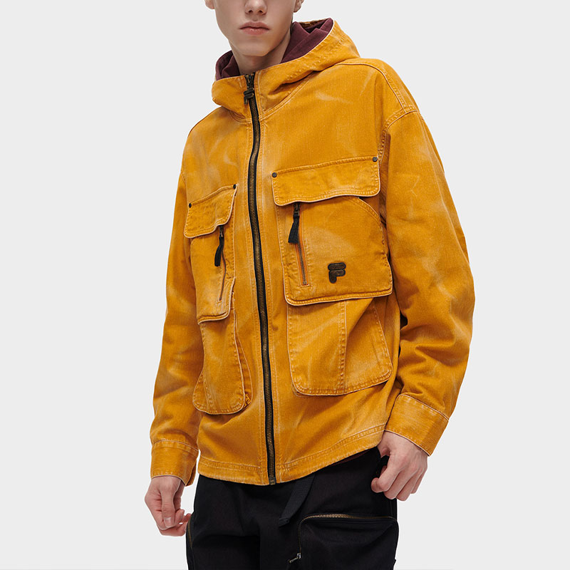 Shop FILA FUSION Jaket Kuning Logo Solid Hooded Kerja Gaya Kasual T11M343701F-YE
