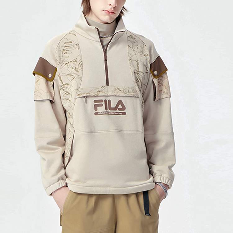 Shop FILA FUSION x 白山拼色高領半拉鏈休閒上衣 棕色 男款 T11M147202F-LK