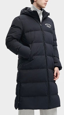 FILA Letter Print Long Down Coat Unisex - Jet Black F51U349902F-BK Details for FILA Letter Print Long Down Coat Unisex - Jet Black F51U349902F-BK