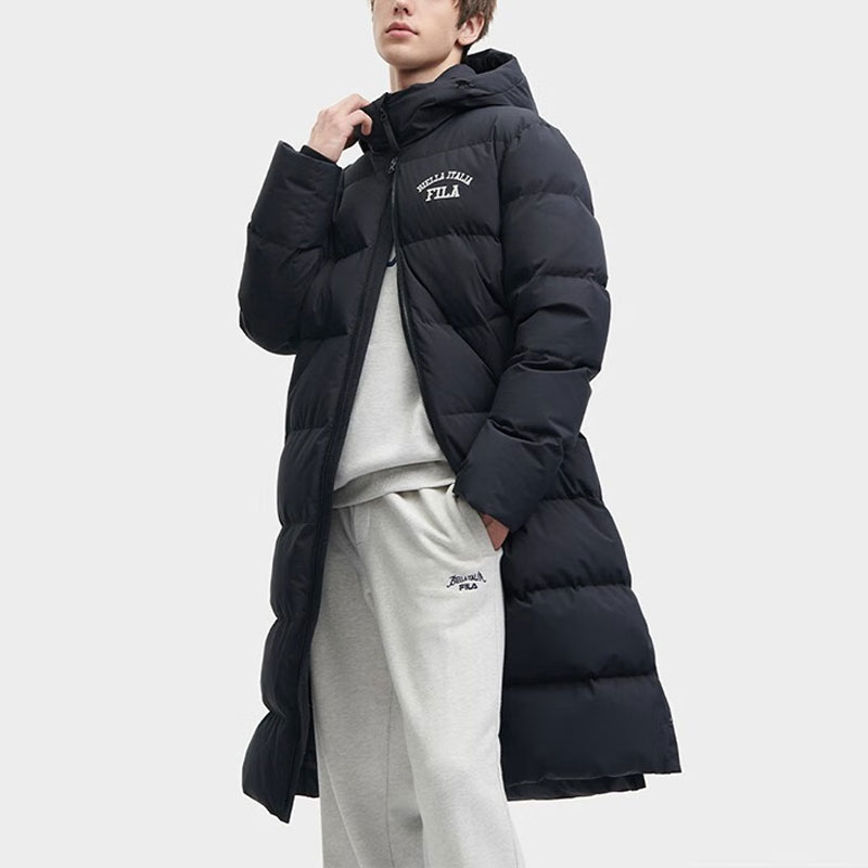 Sizing FILA Letter Print Long Down Coat Unisex - Jet Black F51U349902F-BK