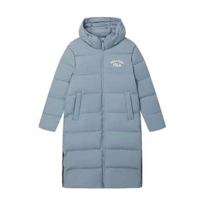FILA Letter Print Long Down Jacket Windproof Unisex - Ethereal Gray. F51U349902F-DY
