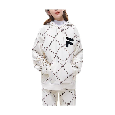 FILA Letter Print Unisex Pullover Hoodie in Vintage White T11U216205-CIV