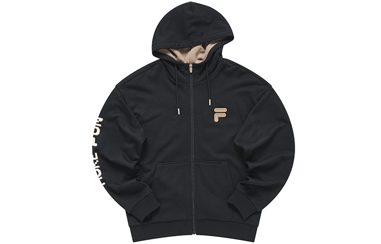 FILA Letter Print Zip-Up Hoodie Unisex in Deep Black T11U313501F-BK