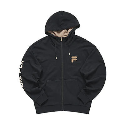 FILA Letter Print Zip-Up Hoodie Unisex in Deep Black T11U313501F-BK