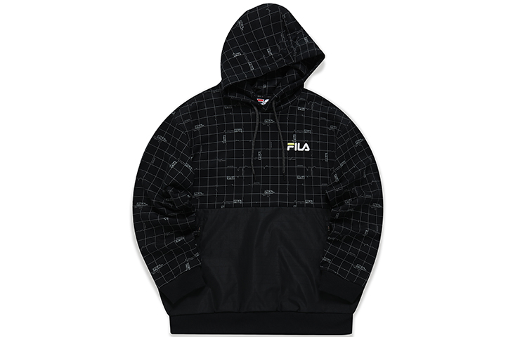 FILA Logo Embroidered Patchwork Loose Fit Hoodie Dark Chessboard T11M143203F-BK