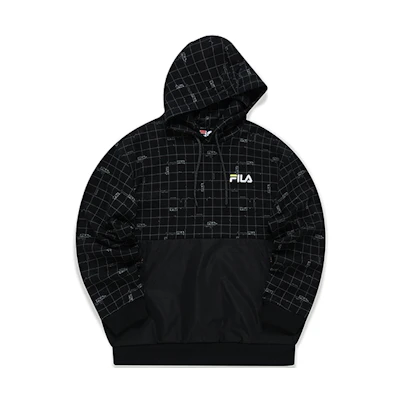 FILA Logo Embroidered Patchwork Loose Fit Hoodie Dark Chessboard T11M143203F-BK