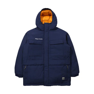 FILA Logo Embroidered Thickened Hooded Down Jacket Unisex Blue. FS2DJD4E12X-NAY