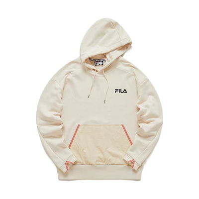 FILA Logo Graphic Hoodie Unisex Long Sleeve Kangaroo Pocket Off-White T11U116204F-IV