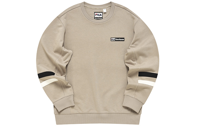 FILA Logo Knit Pullover Sweatshirt - Crewneck, Stripe Sleeves, Beige T11M247208F-DK