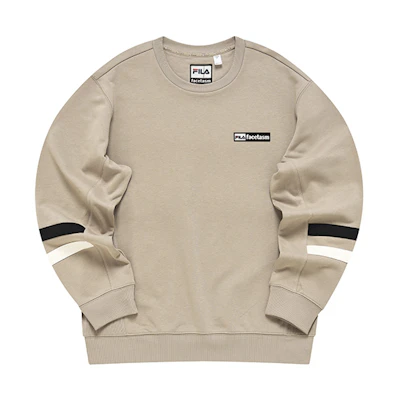 FILA Logo Knit Pullover Sweatshirt - Crewneck, Stripe Sleeves, Beige T11M247208F-DK