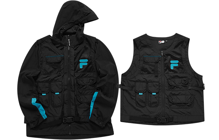 FILA Logo Mesh Patchwork Detachable Vest Hooded Jacket - Deep Black T11M133704FBK